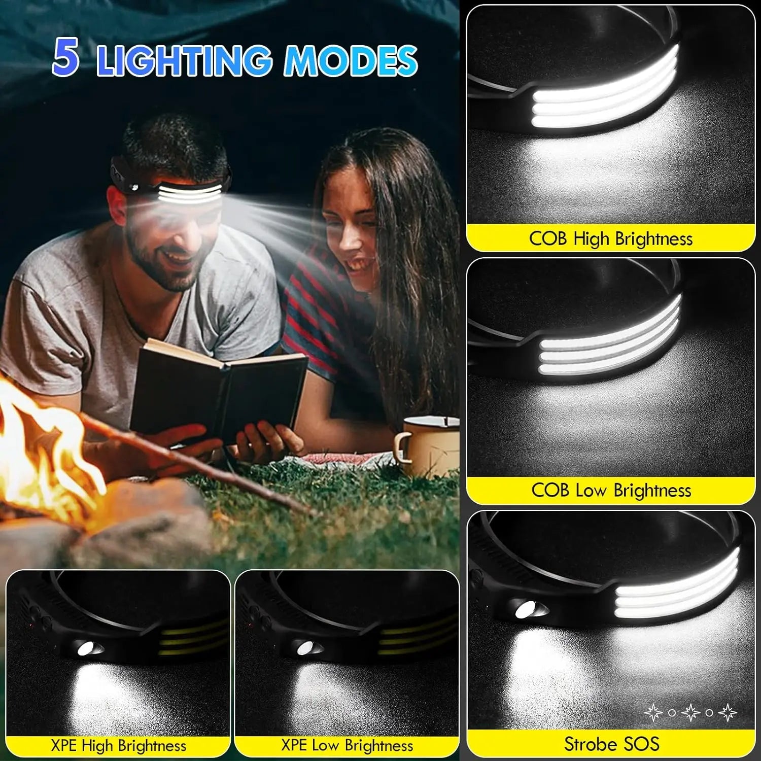 USB Rechargeable COB LED Headlamp for Camping & Fishing